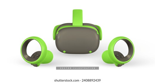 Virtual reality headset and controllers for gaming. 3d VR glasses. Cyberspace of metaverse game concept. Vector illustration.