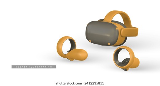 Virtual reality headset and controllers for gaming. 3d VR glasses. Cyberspace of metaverse game concept. Vector illustration.