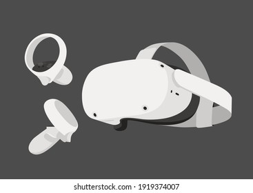 Virtual Reality Headset With Controllers Perspective View Flat Black And White Illustration