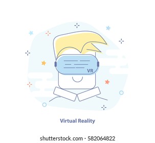 Virtual reality headset display with human head. Thick lines and flat cartoon style illustration. VR head display with switch and lines.