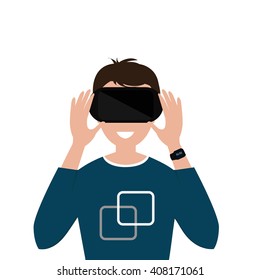 virtual reality headset. Excited young man using a VR headset and experiencing virtual reality. Vector illustration