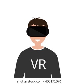 virtual reality headset. Excited young man using a VR headset and experiencing virtual reality. Vector illustration