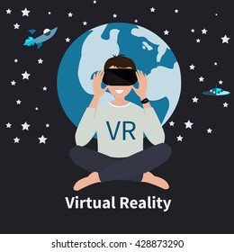 virtual reality headset. Excited young man using a VR headset and experiencing virtual reality. Vector illustration