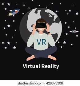 virtual reality headset. Excited young man using a VR headset and experiencing virtual reality. Vector illustration