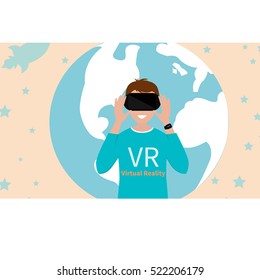 virtual reality headset. Excited young man using a VR headset and experiencing virtual reality. Vector illustration