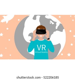 virtual reality headset. Excited young man using a VR headset and experiencing virtual reality. Vector illustration