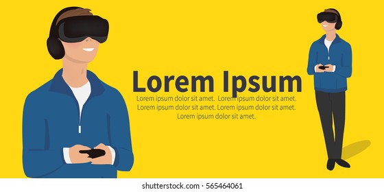 virtual reality headset. Excited young man using a VR headset and experiencing virtual reality.  Flat horizontal banner. Vector illustration