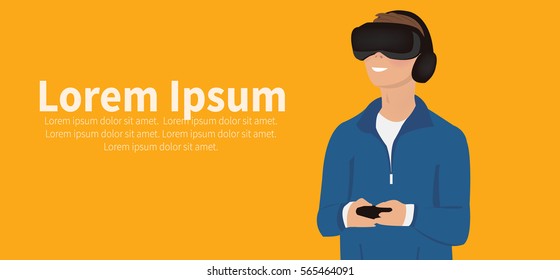 virtual reality headset. Excited young man using a VR headset and experiencing virtual reality.  Flat horizontal banner. Vector illustration