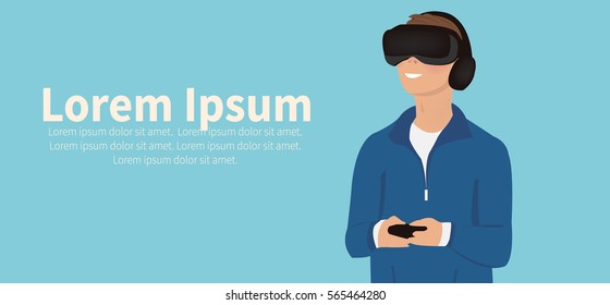 virtual reality headset. Excited young man using a VR headset and experiencing virtual reality.  Flat horizontal banner. Vector illustration
