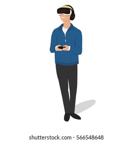 virtual reality headset. Excited young man using a VR headset and experiencing virtual reality. Vector illustration