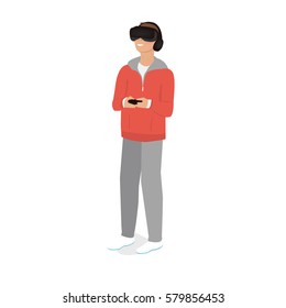 virtual reality headset. Excited young man using a VR headset and experiencing virtual reality. Vector illustration