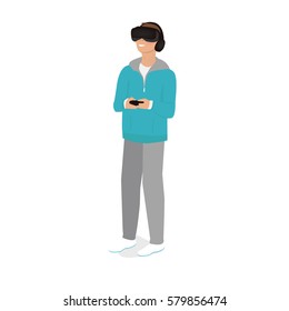 virtual reality headset. Excited young man using a VR headset and experiencing virtual reality. Vector illustration