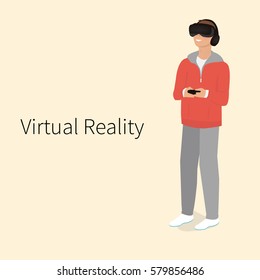 virtual reality headset. Excited young man using a VR headset and experiencing virtual reality. Vector illustration