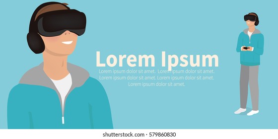 virtual reality headset. Excited young man using a VR headset and experiencing virtual reality.  Flat horizontal banner. Vector illustration