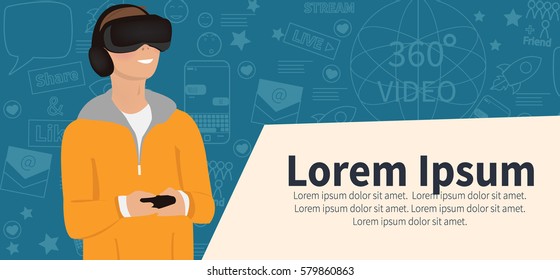 virtual reality headset. Excited young man using a VR headset and experiencing virtual reality.  Flat horizontal banner. Vector illustration