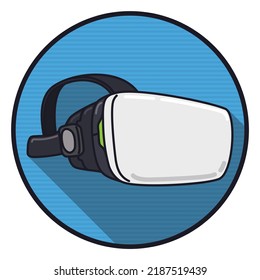 Virtual reality headset in flat style and long shadow over a round button with scanlines.