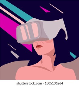 Virtual reality headset  and girl with long hair vector illustration