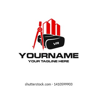 Virtual reality headset and glasses, drawing compass and property or real estate, logo design. Construction and augmented reality, vector design and illustration