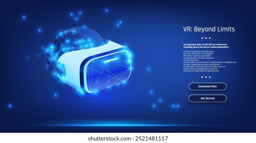 Virtual reality headset glowing with digital effects in an immersive blue environment showcasing advanced technology and creativity