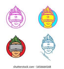 Conjunto de iconos de la realidad virtual. Ilustración del logotipo de arte de la línea de vectores. Aislado en blanco.