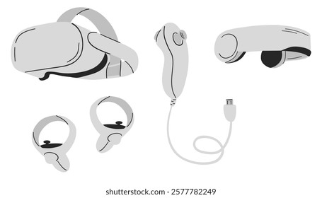 Virtual reality headset icon set, monochrome style. VR headset for immersive virtual reality simulator. Technology glasses, modern gadgets, eyewear, headgear for digital entertainment.Vector illustrat