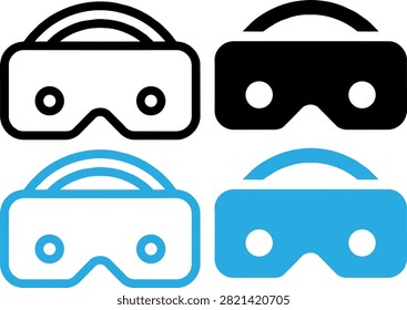 Virtual reality headset icon set featuring outline and solid silhouettes in black and blue colors representing modern immersive gaming
