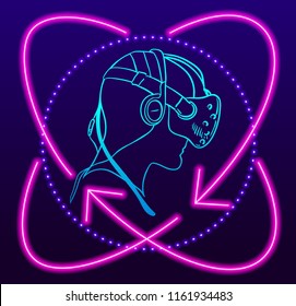 Virtual Reality Headset Icon. Vector one line simple pictogram Man in VR glasses device with neon lines. Abstract vr world One line style fluorescent