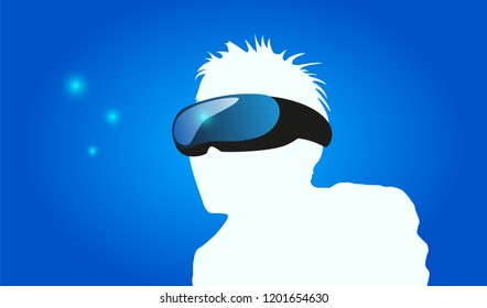 Virtual reality headset man. Head mount display. Vector illustration blue image