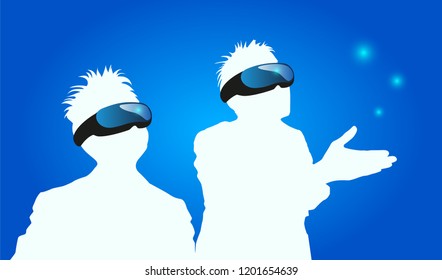 Virtual reality headset man. Head mount display. Vector illustration blue image