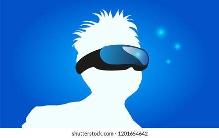 Virtual reality headset man. Head mount display. Vector illustration blue image