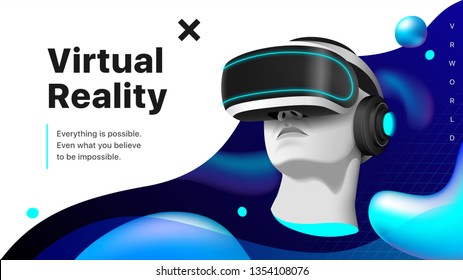 Virtual reality headset. A mannequin's head  wearing modern VR goggles in the space with liquid shapes. Realistic 3D vector illustration EPS10 