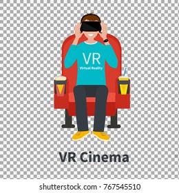 Virtual Reality Headset. Men sitting in armchairs and watching a movie using vr headset. Men playing VR games. -stock vector