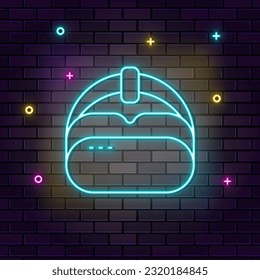 virtual reality headset, neon on wall. Dark background brick wall neon icon.