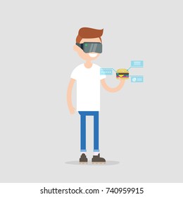 Virtual reality headset. New technologies. Young advanced millennial looking at a burger through the virtual reality glasses. Ingredients and nutrition infographics. Virtual blue displays. Flat vector
