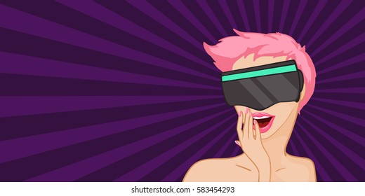 Virtual reality headset on pop art lady