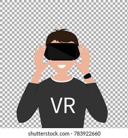 Virtual Reality Headset On Transparent Background. Excited Young Man Using A VR Headset And Experiencing Virtual Reality. Vector Illustration