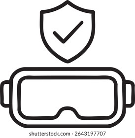 A virtual reality headset is protected by a shield with a checkmark, symbolizing security and safety in VR.