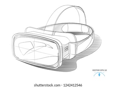 Virtual reality headset realistic sketch drawing mockup. Detailed VR mask with goggles. 3d digital vision gadget for games, simulators. Vector Hi-tech innovative device, cyberspace entertainment tool