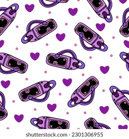 Virtual reality headset seamless vector pattern. Glasses, helmet of VR or AR. Modern technology, gadget for games, 3D. Pink device with hearts, polka dots for a gamer girl. Background for posters, web