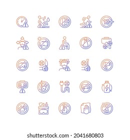Virtual reality headset usage gradient linear vector manual label icons set. Thin line contour symbols bundle. Isolated outline illustrations collection for product use instructions