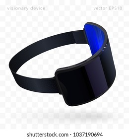 Virtual reality headset. Visionary futuristic design in the style of a flexible smartphone. 3d realistic VR goggles. Black plastic device with strap. Vector object floating over checkered background. 