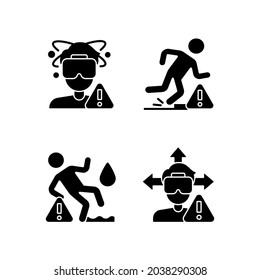 Virtual reality headset warning black glyph manual label icons set on white space. Usage and playing precautions. Silhouette symbols. Vector isolated illustration for product use instructions