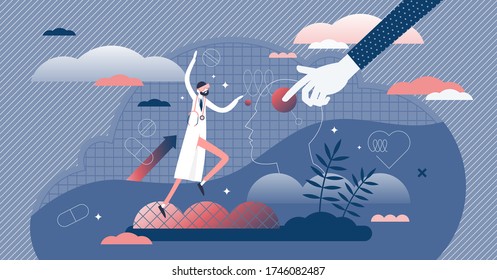 Virtual Reality Healthcare Vector Illustration In Flat Tiny Persons Concept. Futuristic Technology With VR Glasses For Patient Diagnosis And Treatment. Doctor Simulation Equipment For Modern Hospital.