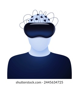 A virtual reality helmet with artificial intelligence connected by wires to the human brain. Mind control concept. Vector illustration.
