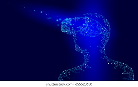 Virtual reality helmet glass headset. Future video internet technology. Man with device on head. Low poly connected dots point line triangle dark blue vector illustration art