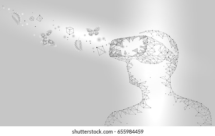 Virtual reality helmet glass headset. Future video internet technology. Man with device on head. Low poly connected dots point line triangle dark blue vector illustration art