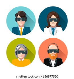 Virtual reality helmet on head flat illustration