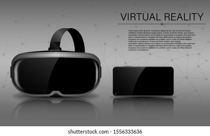 Virtual reality, virtual reality helmet and phone with reflection and shadow, horizontal VR template for your design, vector illustration