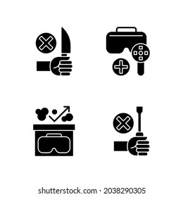 Virtual reality helmet usage guide black glyph manual label icons set on white space. VR glasses instructions. Silhouette symbols. Vector isolated illustration for product use instructions