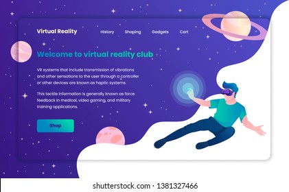 Virtual reality hero image template with young male gamer wearing headset in space. Young man wathing at planets in VR glasses. VR gaming club website first screen. Augmented reality for entertaining.